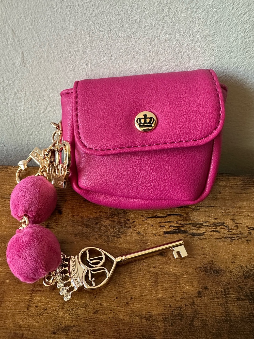 Juicy Couture Hot Pink Mini Coin Purse Keychain Bag Charm w/ Crown, Tassel NWOT